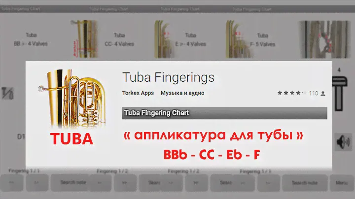 Аппликатура для тубы - tuba fingering chart (BBb-CC-Eb-F)